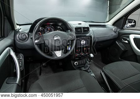 Novosibirsk, Russia -  February  10, 2022: Nissan Terrano, Close-up Of The Dashboard, Player, Steeri