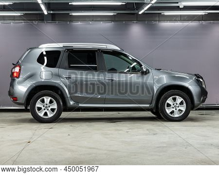 Novosibirsk, Russia -  February  10, 2022: Silver Nissan Terrano, Side View. Popular Car On A Parkin