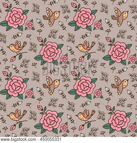 Pattern With Birds And Flowers. For Gift Wrapping, Fabric And More.