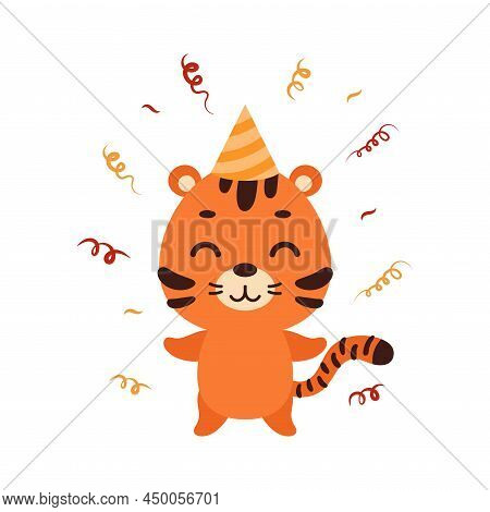Cute Little Tiger On Birthday Hat On White Background. Cartoon Animal Character For Kids Cards, Baby