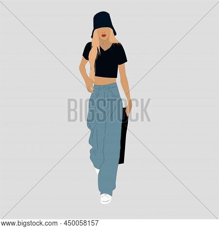 Vector Illustration Of Kpop Street Fashion. Street Idols Of Koreans. The Idol Of Kpop Women's Fashio