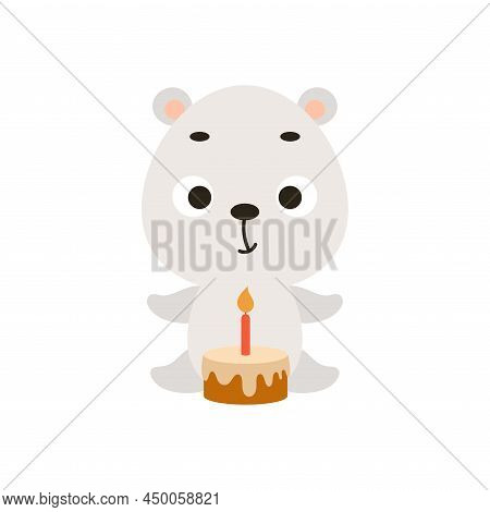 Cute Little Polar Bear With Birthday Cake On White Background. Cartoon Animal Character For Kids Car