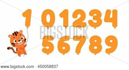 Cute Little Tiger Flying On Balloon. Balloon Numbers Zero To Nine. Cartoon Animal Character For Kids