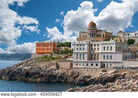 Santa Cesarea Terme, Salento, Puglia, Italy. Stunning View Of The Coastal Town. Villa Sticchi Stands