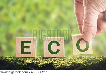 The Hand Puts Cubes In The Word Eco. Ecological Concept And Green Energy And Energy Saving, Green En