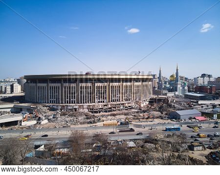 Olympic Sports Complex Or Olympiyskiy Stadium In Moscow, Russia During Its Demolition. Aerial View. 