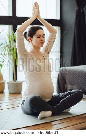 Meditation During Pregnancy. Young Calm Tranquil Pregnant Woman Doing Yoga At Home, Meditating And P