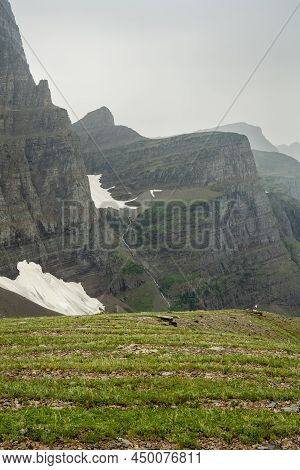 Feather Plume Falls Drops Into Valley Below Piegan Pass In Glacier National Park