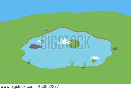 Outdoor Small Blue Decorative Pond. Nature Landscape Fishing Place. Scenery Of Natural Basin With Wa