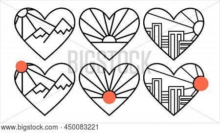 Set Of Hearts With Landscapes And Sun