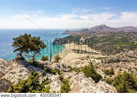 Tsampika Beach And Rhodes Island Panorama From Tsampika Mountain Top, Greece