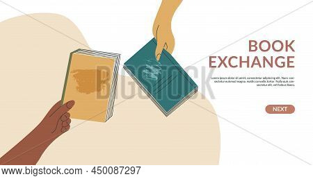 Book Exchange Landing Page Template Or Bookcrossing Vector Illustration Banner. Education And Knowle