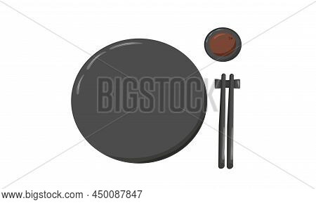 Soy Sauce In Black Bowl Plate With Chopsticks. Vector Stock Illustration Isolated On White Backgroun
