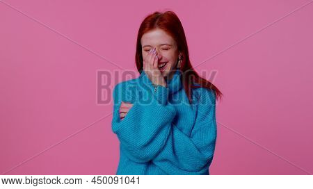 Sincere Teen Student Girl 20s Years Old Laughing Out Loud After Hearing Ridiculous Anecdote, Funny J