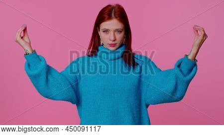 Keep Calm Down, Relax, Inner Balance. Pretty Redhead Teen Girl Breathes Deeply With Mudra Gesture, E