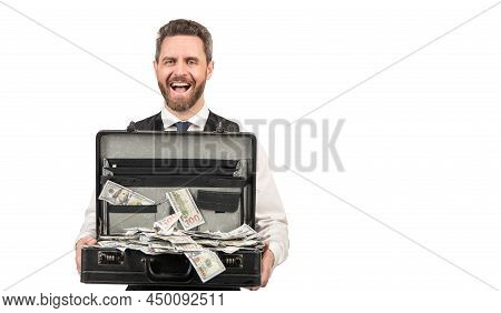 Financial Support. Investment. Happy Businessperson With Money Case. Investor Hold Case With Dollars