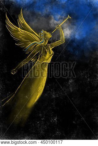 A Trumpeting Angel With Ukrainian Symbols Calls For Help. The Concept Of War In Ukraine. The Colors 