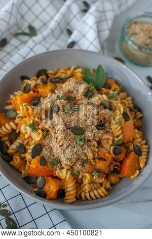 Pasta Alla Zucca, Healthy Home Made Pumpkin Pasta On A Table