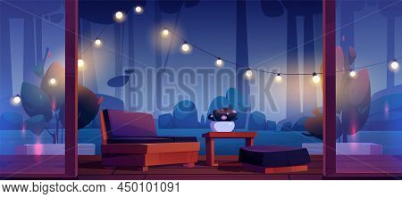 House Terrace With Table, Couch, String Lights And View To Dark Garden At Night. Vector Cartoon Illu
