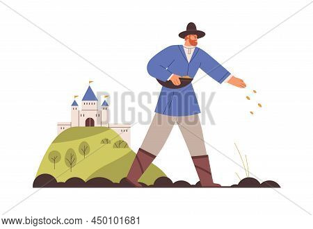 Medieval Farmer Sowing In Ancient Village. Historic Life Of Peasant On Farm, Working On Land. Countr