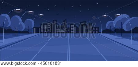 Deserted Night Road. Empty City Street With Lamps, Lights, Buildings, Star In Sky. Highway Perspecti