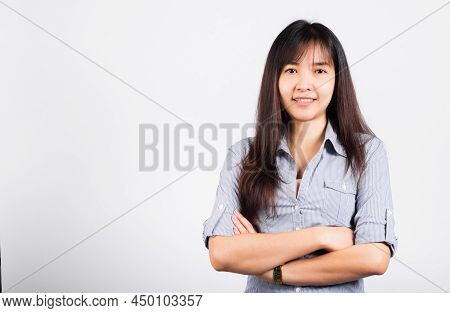 Woman Standing Her Smile Confidence With Crossed Arms Isolated White Background, Asian Happy Portrai
