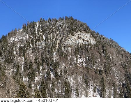 Forest-rocky Alpine Hill Mittelberg On The Slopes Of The Alpstein Massif And Above The Obertoggenbur