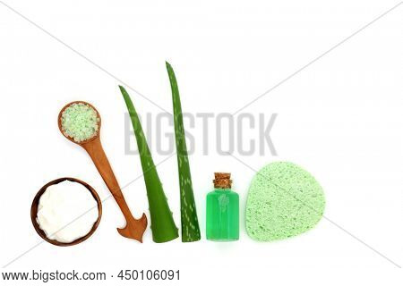 Aloe vera moisturiser, ex foliation salt, gel, green leaf sprigs and cosmetic sponge on white background. Natural skincare plant based products for healthy skin. Top view, copy space.