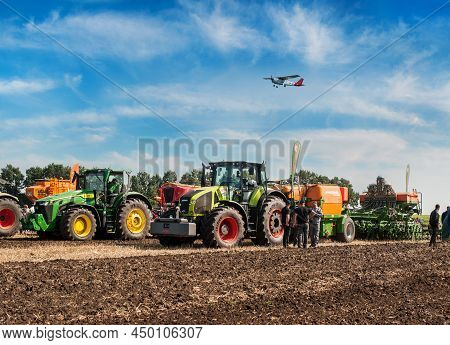 Bilogirya, Khmelnytsky Region, Ukraine - August 19, 2021: Tractors With Seeder At The Demonstration