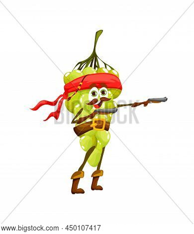 Cartoon Grape Pirate Character With Gun. Corsair Or Captain Filibuster, Vector Personage. Funny Grap