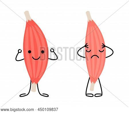 Healthy Happy Muscle And Weak Sad Pain Muscle Character. Strong And Frail Tension Fiber Part Body Hu