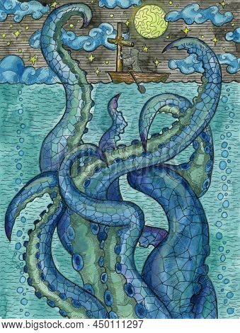 Colorful Marine Fantasy Illustration Of Leviathan Monster And Monk Hunter With Cross. Nautical Vinta