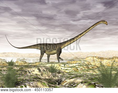 Barosaurus Dinosaur In The Desert - 3d Render