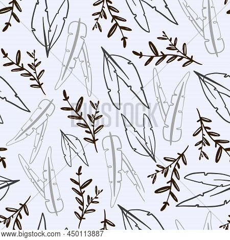 Seamless Vector Abstract Grey Floral Background With Leaves. Green, Black And White Split-leaf Philo