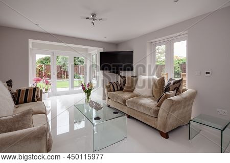 Luxury Furnished Lounge With White Porcelain Flooring