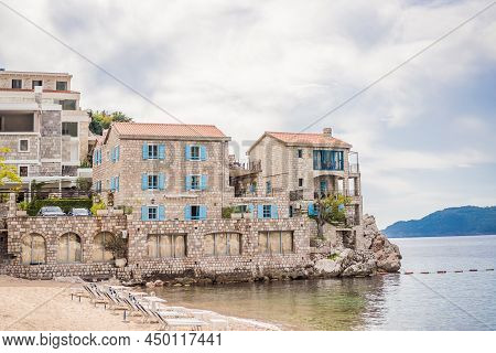 Picturesque Summer View Of Adriatic Sea Coast In Budva Riviera Near Przno Village. Cozy Beach And Bu