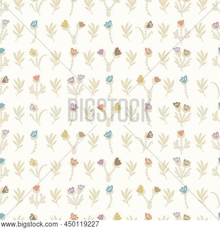 Gender Neutral Sprigged Foliage Seamless Vector Background. Simple Whimsical Botanical 2 Tone Patter