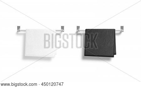 Blank Black And White Small Towel On Heated Rail Mockup, 3d Rendering. Empty Wipe Towels On Electric
