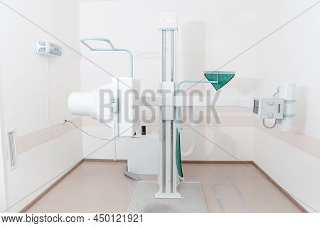 Hospital Radiology Room. X-ray Department In Modern Hospital. Medical Equipment. Scan Machine For Fl