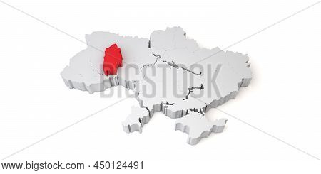 3d Map Of Ukraine Showing The Region Of Khmel In Red. 3d Rendering