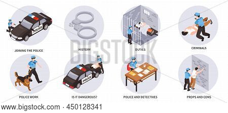 Police Work Isometric Compositions With Policemen On Duties In Prison In Office Outdoors With Dog An