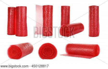Set With Red Bubble Wrap Rolls On White Background