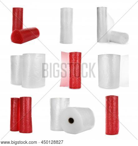 Set With Different Bubble Wrap Rolls On White Background