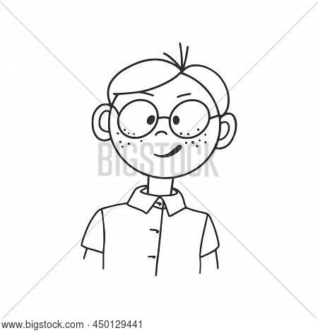 Contour Drawing Of A Cartoon Man With Glasses. Doodle Style