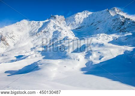 View Of The Mountains Above Sils In Engadin In Winter Close To St. Moritz, Switzerland