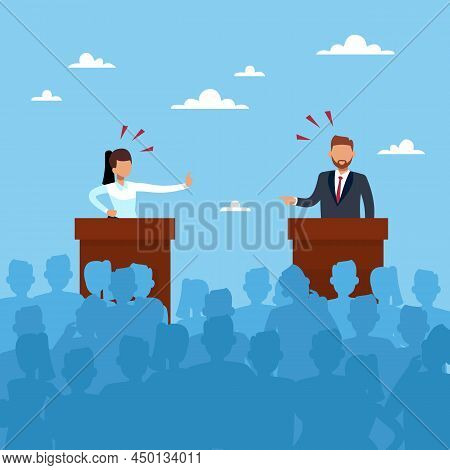Debates. Man And Woman Politician Discussing Problems, Showdown In Public, Responding On Journalists