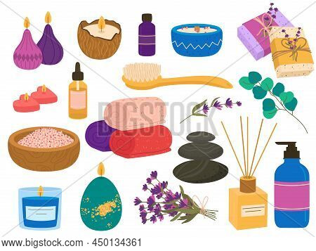 Spa Salon Aromatherapy Elements. Burning Candles, Relax And Wellness Zone, Lavender Flowers And Bath