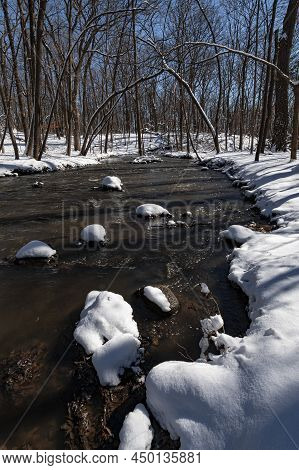 Hammel Creek Flows Through Hammel Woods Forest Preserve In Winter After A Fresh Coating Of Snow, Wil
