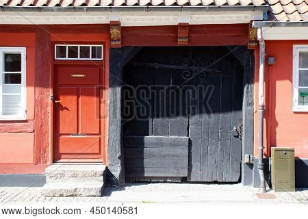 Colorful Old Historic House In A Street Of Koge City. Traditional Scandinavian Houses.