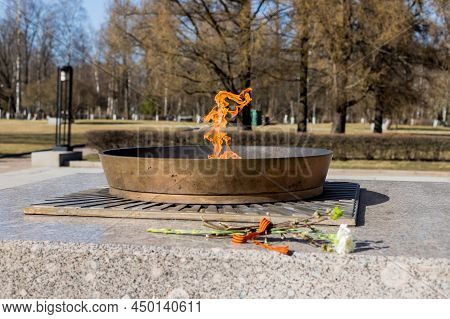 Victory Day Feast Of War White Flowers Lie On Eternal Flame. Commemoration Of Carnation Fire. Eterna